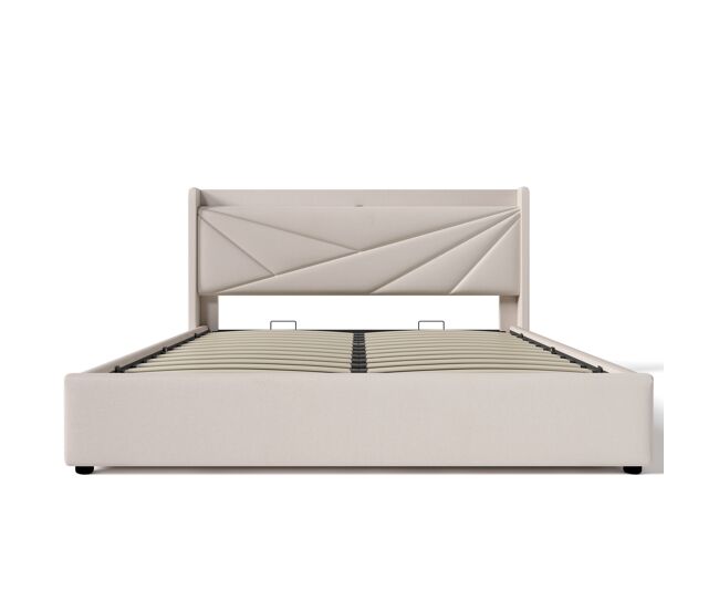 Cama tapizada 160x200 - con almacenamiento, cabecero y función de carga usb tipo c - beige
