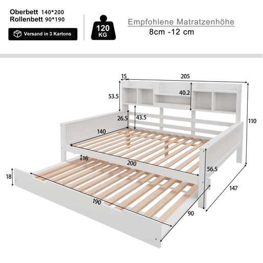 Sofá-cama 140200 cm - Com cama extraível 90190 cm, com arrumação e estrado, madeira de pinho, multifuncional - Branco