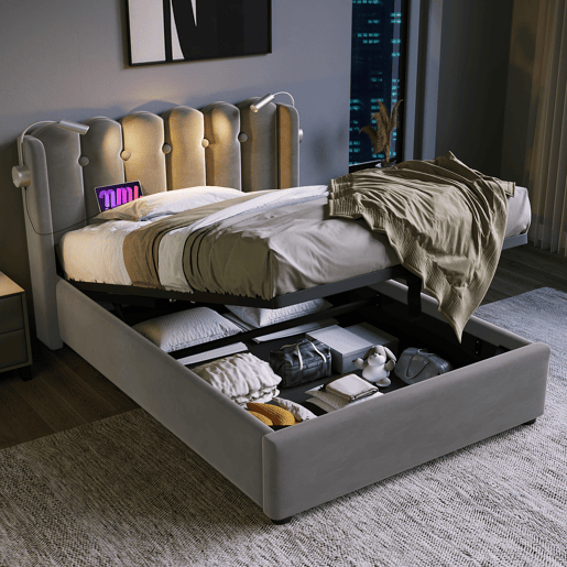 Cama estofada 90x200 - Leselicht com carregamento, cabeceira, arrumação, estrutura de cama em veludo - Cinza