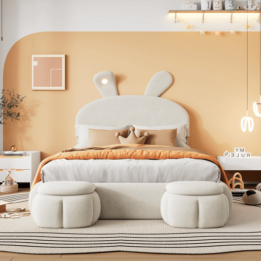 Cama estofada 140x200cm - Cama hidráulica, com luz regulável, arrumação, 2 bancos, veludo - Bege
