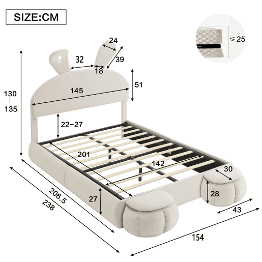 Cama estofada 140x200cm - Cama hidráulica, com luz regulável, arrumação, 2 bancos, veludo - Bege