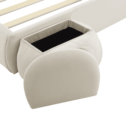 Cama estofada 140x200cm - Cama hidráulica, com luz regulável, arrumação, 2 bancos, veludo - Bege