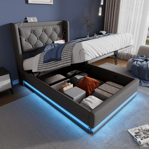Cama individual estofada 90*200 cm - armazenamento hidráulico, cabeceira acolchoada com USB e LED em 3 lados - Cinza