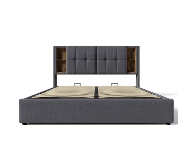 Cama doble 140x200cm - cama tapizada con carga inalámbrica usb c, con almacenamiento, somier de madera - gris algodón