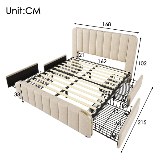 Cama de casal estofada 160x200 - cabeceira acolchoada com tiras douradas e carregador USB Tipo-C, 4 gavetas - Bege