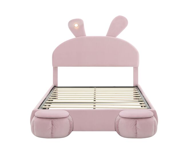 Cama tapizada 140x200cm - cama hidráulica con orejas de conejo, luz cálida ajustable, almacenamiento - rosa