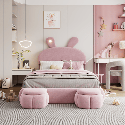Cama estofada 140x200cm - Cama hidráulica com orelhas de coelho, luz quente ajustável, arrumação - Rosa