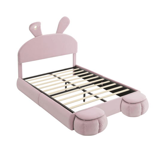 Cama estofada 140x200cm - Cama hidráulica com orelhas de coelho, luz quente ajustável, arrumação - Rosa