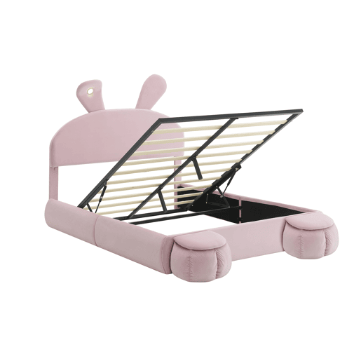 Cama estofada 140x200cm - Cama hidráulica com orelhas de coelho, luz quente ajustável, arrumação - Rosa