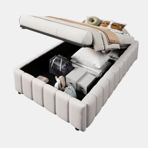 Cama estofada, 90x200 cm - armazenamento hidráulico, sem cabeceira, sem colchão - Bege