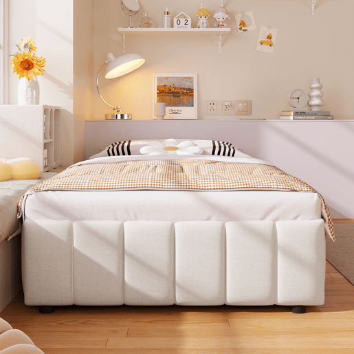 Cama estofada, 90x200 cm - armazenamento hidráulico, sem cabeceira, sem colchão - Bege