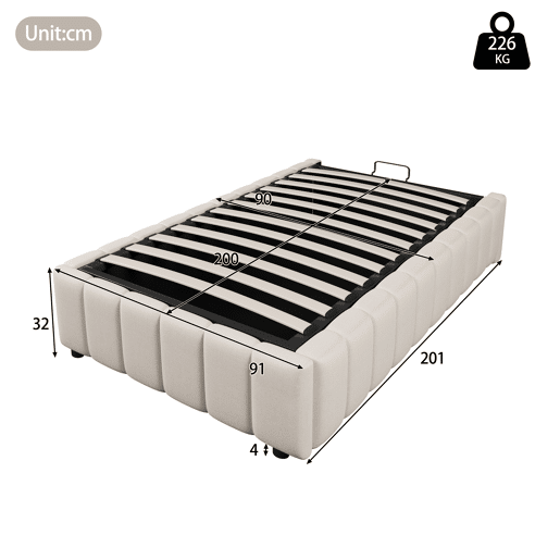 Cama estofada, 90x200 cm - armazenamento hidráulico, sem cabeceira, sem colchão - Bege