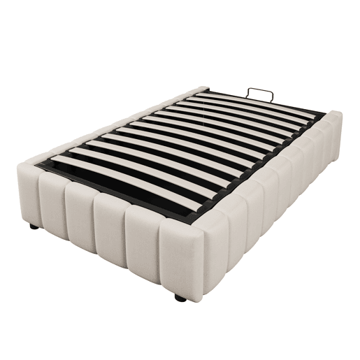 Cama estofada, 90x200 cm - armazenamento hidráulico, sem cabeceira, sem colchão - Bege