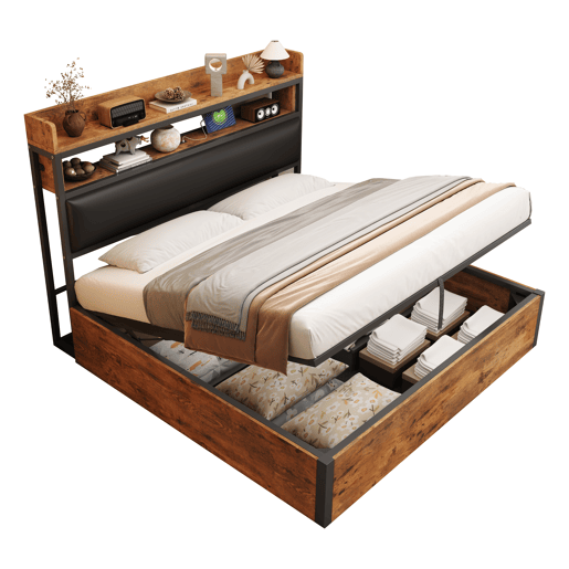 Cama 180x200 - Com elevação hidráulica, USB, cabeceira acolchoada, design vintage em madeira e metal, com arrumação oculta - Preta