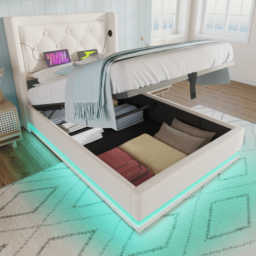 Cama estofada 90*200 cm - Material PU, Cama hidráulica com arrumação, Cabeceira acolchoada com carregador USB Tipo-C, Função LED em 3 lados - Branco