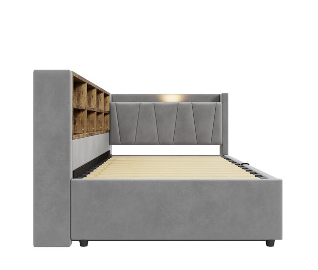 Sofá cama 90x200 cm - con almacenamiento hidráulico, luz nocturna, puertos usb y type-c, estantes y compartimentos, cabecero acolchado, cama
