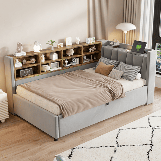 Sofá-cama 90x200 cm - Com armazenamento hidráulico, luz noturna, portas USB e Type-C, prateleiras e compartimentos, cabeceira acolchoada, cama multifuncional - Cinza claro