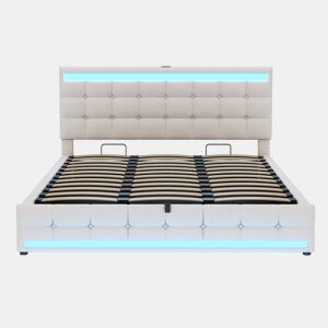 Cama infantil 180*200 - Cama com armazenamento hidráulico, USB e faixa LED com mudança de cor - Bege