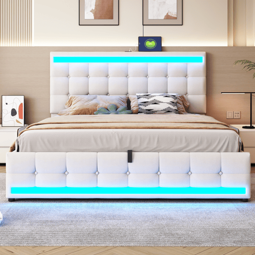 Cama infantil 180*200 - Cama com armazenamento hidráulico, USB e faixa LED com mudança de cor - Bege