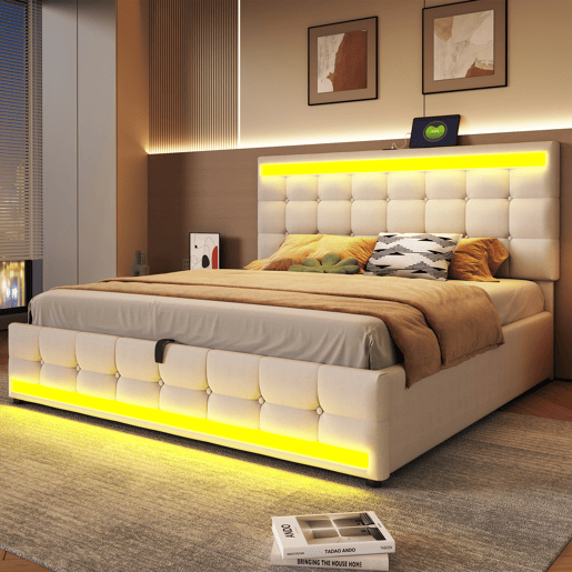 Cama infantil 180*200 - Cama com armazenamento hidráulico, USB e faixa LED com mudança de cor - Bege