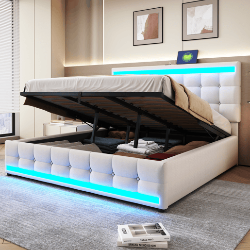 Cama infantil 180*200 - Cama com armazenamento hidráulico, USB e faixa LED com mudança de cor - Bege