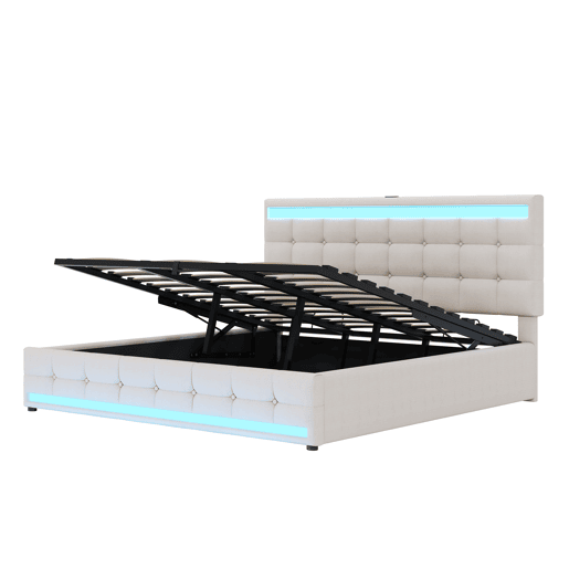 Cama infantil 180*200 - Cama com armazenamento hidráulico, USB e faixa LED com mudança de cor - Bege