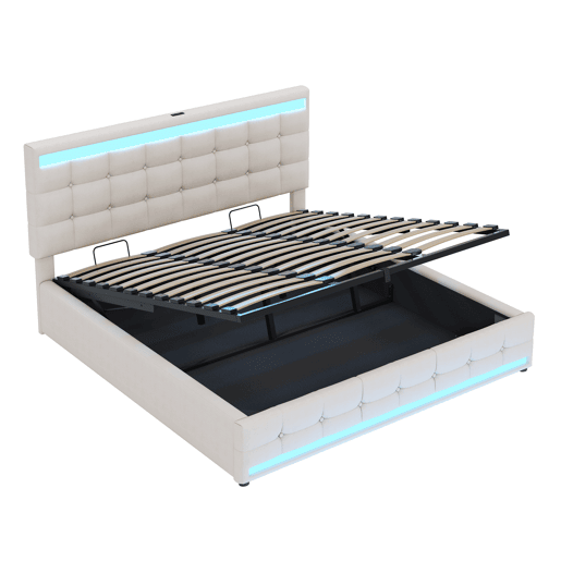 Cama infantil 180*200 - Cama com armazenamento hidráulico, USB e faixa LED com mudança de cor - Bege