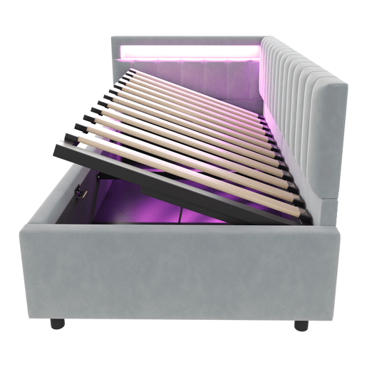 Sofá-cama 90x200 - Com LED e armazenamento hidráulico, design com riscas verticais, cabeceiras laterais ajustáveis, estrado, veludo - Cinza claro