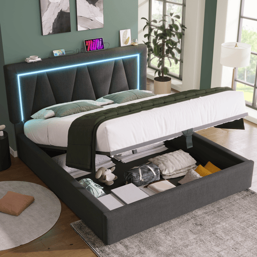 Cama de casal 140x200 - Polsterbett LED com USB Tipo C e luz LED - Bege
