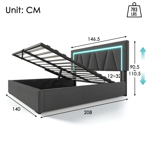 Cama de casal 140x200 - Polsterbett LED com USB Tipo C e luz LED - Bege