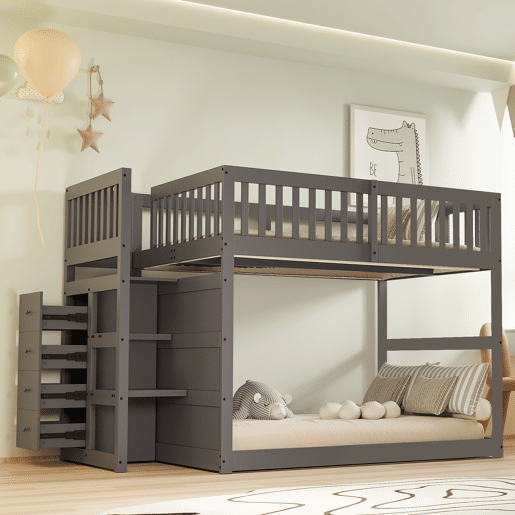 Cama beliche baixa 140x200 cm - Cama de segurança com espaço de arrumação, design com grades altas - Cinza