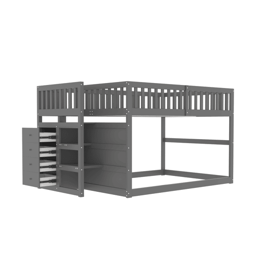 Cama beliche baixa 140x200 cm - Cama de segurança com espaço de arrumação, design com grades altas - Cinza