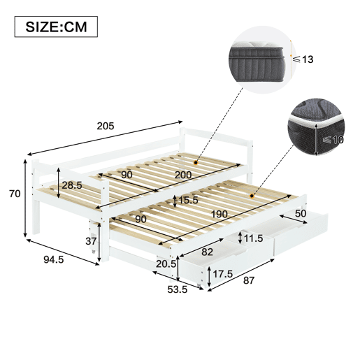 Cama extra 200x90190x90 - com estrado deslizante e 2 gavetas de arrumação - branco