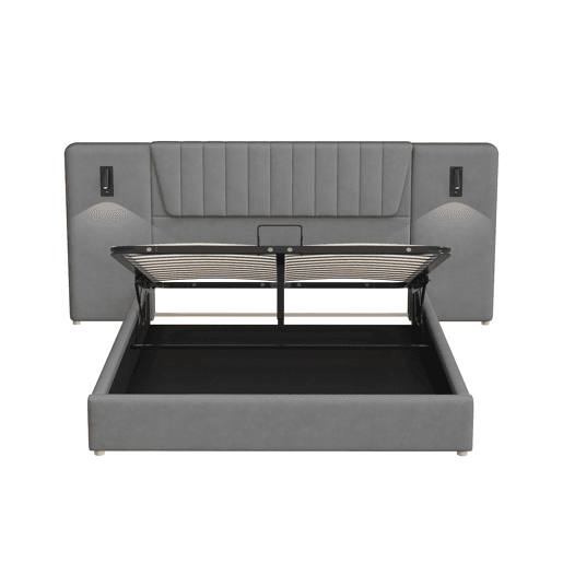 Cama estofada 180x200 cm - Encosto extra longo, candeeiro de leitura ajustável, porta USB, cama com arrumação hidráulica, dupla, veludo - Cinza
