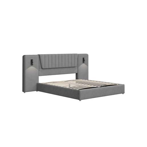 Cama estofada 180x200 cm - Encosto extra longo, candeeiro de leitura ajustável, porta USB, cama com arrumação hidráulica, dupla, veludo - Cinza