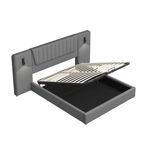 Cama estofada 180x200 cm - Encosto extra longo, candeeiro de leitura ajustável, porta USB, cama com arrumação hidráulica, dupla, veludo - Cinza