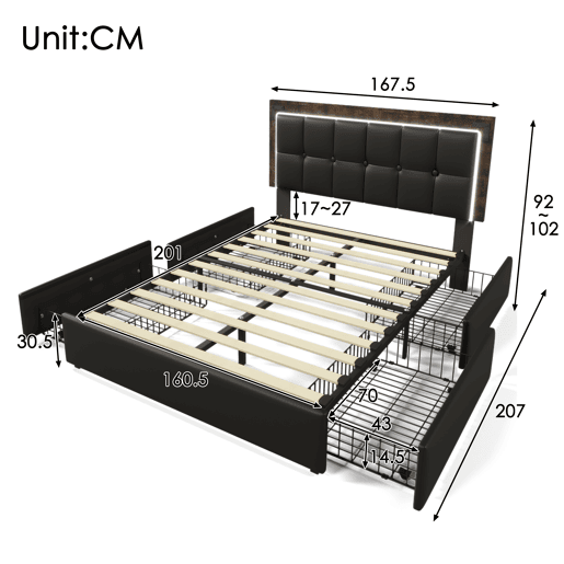 Cama estofada 160x200 cm - Com LED, 4 gavetas, cabeceira ajustável - PU preto