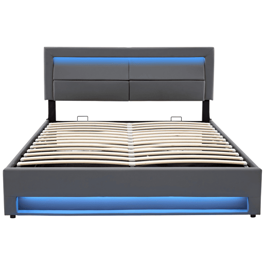 Cama estofada 160x200 - com porta USB, carregamento sem fios e com fios, iluminação LED e armazenamento - Cinza