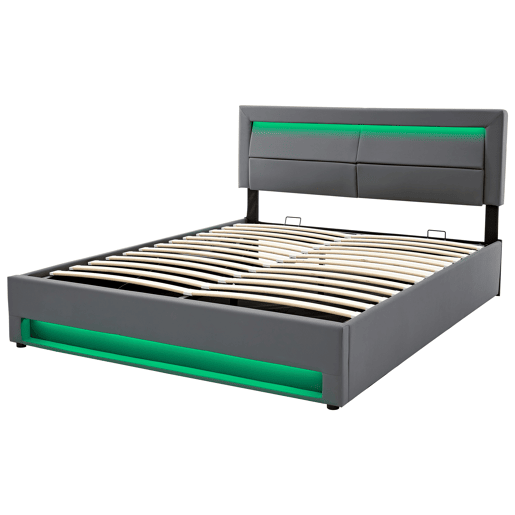 Cama estofada 160x200 - com porta USB, carregamento sem fios e com fios, iluminação LED e armazenamento - Cinza
