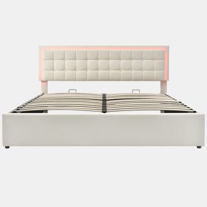 Cama estofada 140x200 - Com base em madeira e arrumação, com faixa de luz LED - Branca