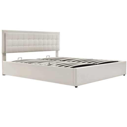 Cama estofada 140x200 - Com base em madeira e arrumação, com faixa de luz LED - Branca