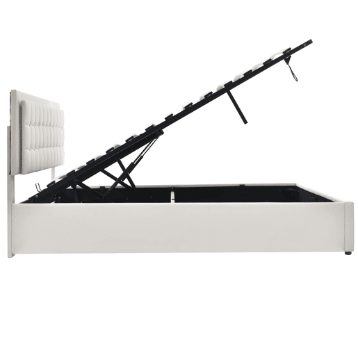 Cama estofada 140x200 - Com base em madeira e arrumação, com faixa de luz LED - Branca