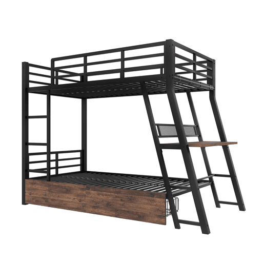 Cama alta 90x200 cm - Estrutura em ferro, barra LED, gavetas, grade, escada, secretária - Preto