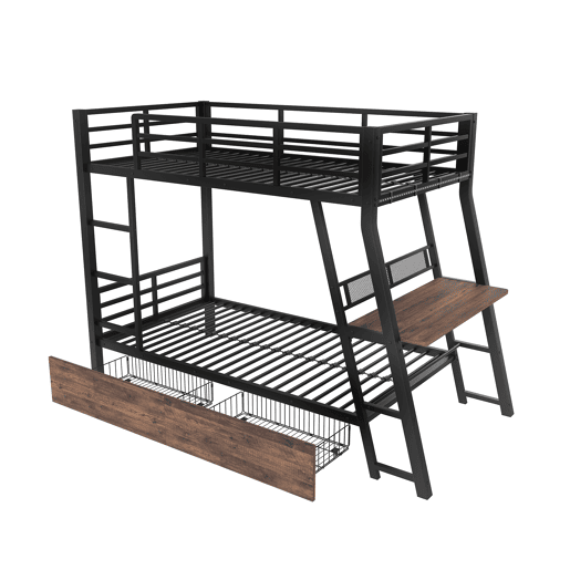 Cama alta 90x200 cm - Estrutura em ferro, barra LED, gavetas, grade, escada, secretária - Preto