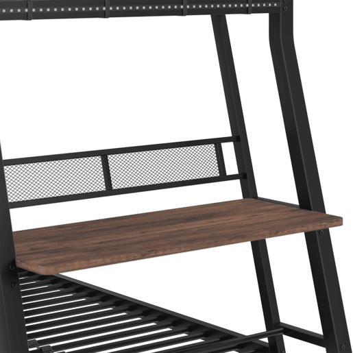 Cama alta 90x200 cm - Estrutura em ferro, barra LED, gavetas, grade, escada, secretária - Preto