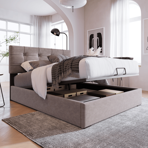 Cama individual 90x200 cm - Cabeceira ajustável, cama com estrado de metal, veludo, estrutura moderna com arrumação - Cinza claro