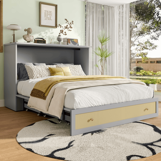Cama rebatível 140x200 cm - móvel, gavetas na base, prateleira na cabeceira, USB e tomada, cama plataforma convertível, sem colchão - cinza