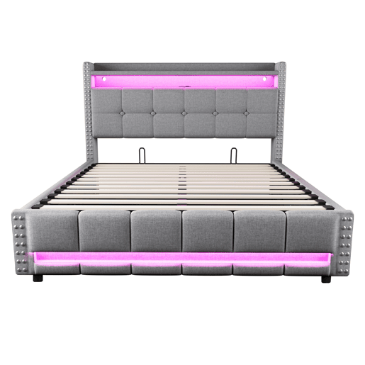 Cama estofada 160*200 - Com LED e USB, cabeceira com prateleiras e arrumação, hidráulica para arrumação - Cinza claro