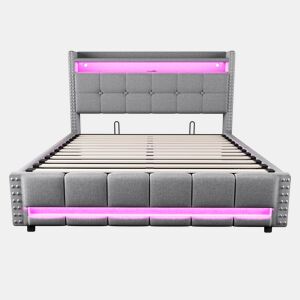 Cama estofada 160*200 - Com LED e USB, cabeceira com prateleiras e arrumação, hidráulica para arrumação - Cinza claro
