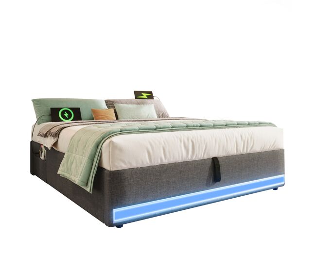 Cama con almacenamiento hidráulico 140*200cm - con tira led controlable por mando, con puertos usb y tipo-c, sin cabecero, con pequeños bolsillos -